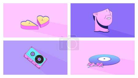 Illustration for 90s party lo fi chill wallpapers set. Candles heart. Audio cassette and compact disc 2D vector cartoon objects illustrations, vaporwave background. 80s retro album art collection, synthwave aesthetics - Royalty Free Image
