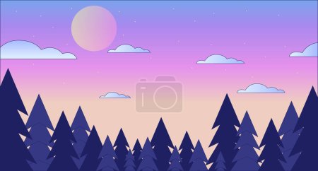 Illustration for Dusk forest skyline lo fi chill wallpaper. Twilight sky stars. Sunset beauty in nature 2D vector cartoon landscape illustration, vaporwave background. 80s retro album art, synthwave aesthetics - Royalty Free Image