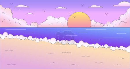 Illustration for Seascape sunset lo fi chill wallpaper. Sunrise ocean waves. Ocean coast. Sun and sand 2D vector cartoon landscape illustration, vaporwave background. 80s retro album art, synthwave aesthetics - Royalty Free Image