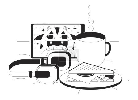 Illustration for Cozy composition in bed bw conceptual hero image. Cup of tea, tablet device and sandwich monochromatic 2D cartoon scene on white background. Bedtime stories isolated concept illustration. Vector art - Royalty Free Image