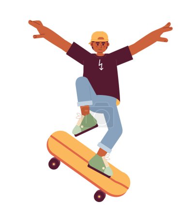 Ilustración de Adolescente monopatín plana vector de dibujos animados carácter. Skateboarding cultura juvenil spot illustration. Deporte extremo. Persona de cuerpo entero aislada en blanco. Dibujo sencillo 2D editable, diseño gráfico - Imagen libre de derechos