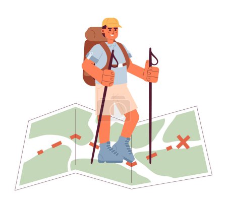 Illustration for Adventure travel conceptual hero image. Backpacker trekking across map 2D cartoon character on white background. Wilderness backpacking isolated concept illustration. Vector art for web design ui - Royalty Free Image