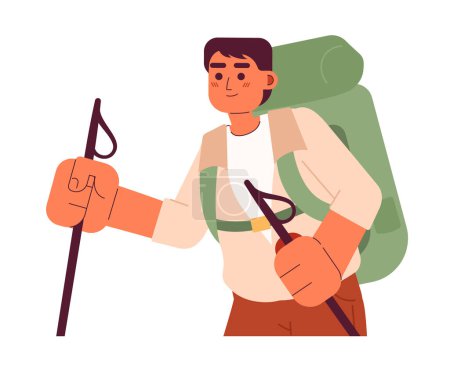 Ilustración de Backpacker trekker con bastones para caminar personaje de dibujos animados vector plano. Masculino asiático montañista punto ilustración. Persona de medio cuerpo aislada en blanco. Dibujo sencillo 2D editable, diseño gráfico - Imagen libre de derechos