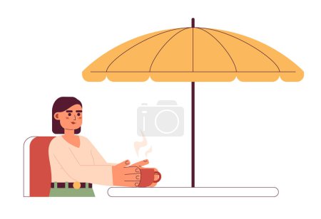 Téléchargez les illustrations : Jolie femme assise à l'extérieur avec tasse de café vecteur plat personnage de dessin animé. Boire du thé. Illustration du café. Demi-corps isolé sur blanc. Dessin simple 2D modifiable, conception graphique - en licence libre de droit