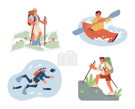 Illustration for Extreme sports conceptual hero image set. Outdoor recreational activities in land, water. Outdoors men concept illustration pack. Recreation people. Summer wanderlust. Vector art for web design ui - Royalty Free Image