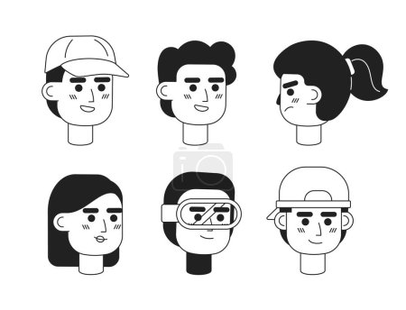 Illustration for Outdoorsy guys, brunette women monochrome flat linear character heads set. Happy people. Editable outline hand drawn human face icons. 2D cartoon spot vector avatar illustration pack for animation - Royalty Free Image