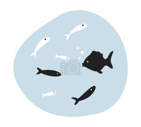 Illustration for Sealife underwater concept hero image. Herd of fishes in water. Sea creatures 2D cartoon outline seascape on white background. Isolated black and white illustration. Vector art for web design ui - Royalty Free Image