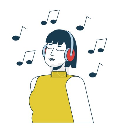Illustration for Asian girl enjoying music beats flat line vector spot illustration. Headphones young woman 2D cartoon outline character on white for web UI design. Melomaniac editable isolated colorful hero image - Royalty Free Image