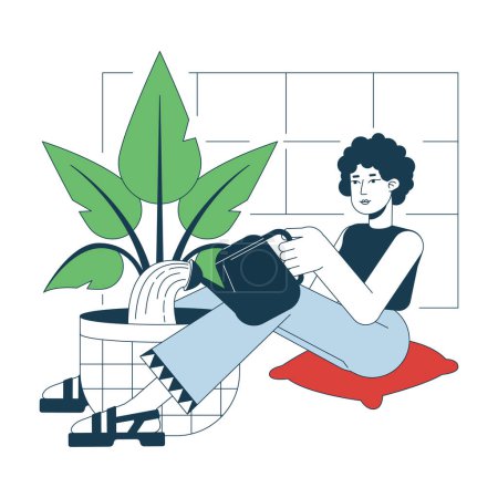 Illustration for Watering plant flat line vector spot illustration. Curly hair woman sitting with pot 2D cartoon outline character on white for web UI design. Gardening houseplant editable isolated colorful hero image - Royalty Free Image
