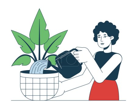 Illustration for Indoor gardening flat line vector spot illustration. Curly hair woman watering houseplant with can 2D cartoon outline character on white for web UI design. Editable isolated colorful hero image - Royalty Free Image