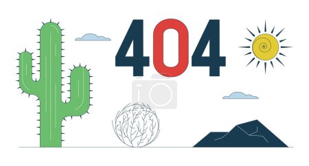 Ilustración de Desierto páramo con cactus error 404 mensaje flash. Tumbleweed rodando en la carretera. Estado vacío ui diseño. Página no encontrada imagen de dibujos animados emergente. Concepto de ilustración plana vectorial sobre fondo blanco - Imagen libre de derechos