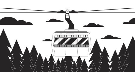 Illustration for Cabin ropeway above forest skyline black and white lo fi chill wallpaper. Cableway in cloudy woods 2D vector cartoon landscape illustration, minimalism background. 80s retro album art, line art - Royalty Free Image