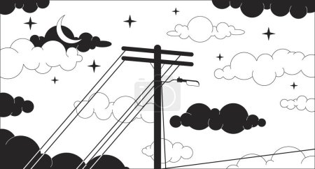 Illustration for Telephone pole on dreamy night sky black and white lo fi chill wallpaper. Electrical cables on evening sky 2D vector cartoon landscape illustration, minimalism background. 80s retro album art, lineart - Royalty Free Image