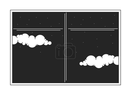 Illustration for Window view with twilight sky stars line art vector cartoon icon. Editorial, magazine spot illustration black and white. Outline object isolated on white. Editable 2D simple drawing, graphic design - Royalty Free Image