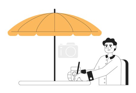 Téléchargez les illustrations : Jeune homme avec soda boisson assis sous parapluie dessin animé vectoriel plat personnage. Illustration ponctuelle. Demi-corps isolé sur blanc. Dessin 2D noir et blanc modifiable, graphisme - en licence libre de droit