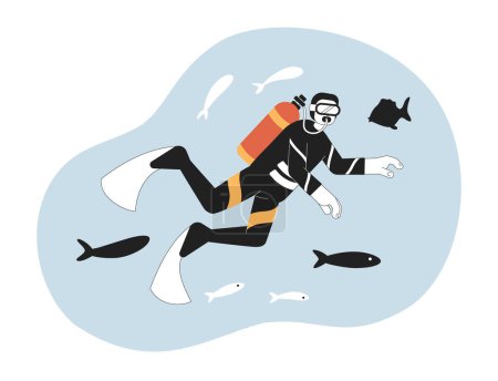 Ilustración de Imagen de héroe del concepto de buceo. Buceador de aguas profundas nadando con peces 2D personaje contorno de dibujos animados sobre fondo blanco. Esnórquel ilustración aislada en blanco y negro. Arte vectorial para diseño web ui - Imagen libre de derechos