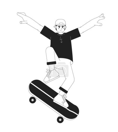 Ilustración de Adolescente monopatín plano vector de dibujos animados carácter contorno. Skateboarding cultura juvenil spot illustration. Persona de cuerpo entero aislada en blanco. Dibujo en blanco y negro 2D editable, diseño gráfico - Imagen libre de derechos