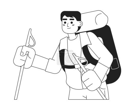 Ilustración de Backpacker trekker con bastones para caminar personaje de dibujo animado vector plano. Montañista escalador punto ilustración. Medio cuerpo aislado. Dibujo en blanco y negro 2D editable, diseño gráfico - Imagen libre de derechos