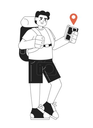 Illustration for Male hiker looking at location tracking app flat vector cartoon outline character. Backpacker with phone spot illustration. Full body person isolated. Editable 2D black white drawing, graphic design - Royalty Free Image