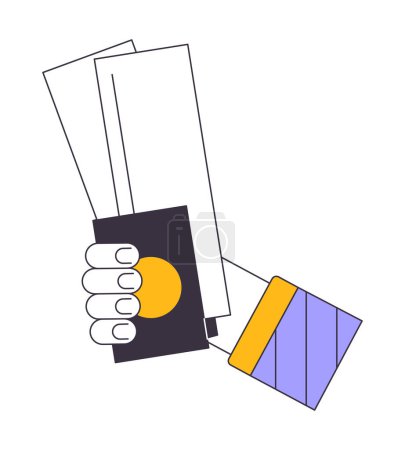 Illustration for Going on trip flat line vector spot illustration. Holding tickets with passport for travel 2D cartoon outline first view hand on white for web UI design. Flight editable isolated colorful hero image - Royalty Free Image