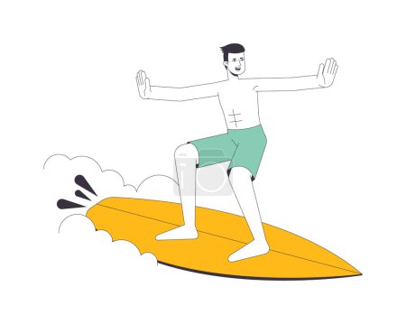 Illustration for Surfer man on wave flat line vector spot illustration. Asian male with surfing board 2D cartoon outline character on white for web UI design. Surfen welle editable isolated colorful hero image - Royalty Free Image