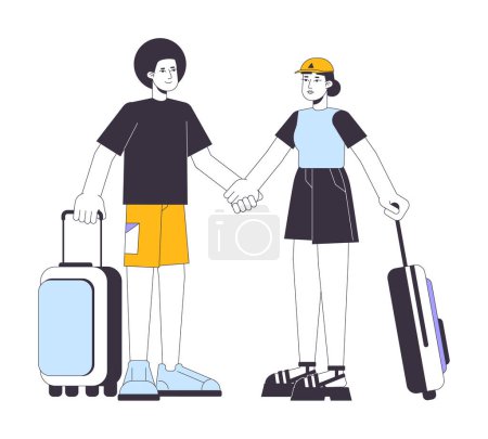 Illustration for Ethnic couple traveling flat line vector spot illustration. Travelers with suitcase 2D cartoon outline characters on white for web UI design. Vacation destination editable isolated colorful hero image - Royalty Free Image