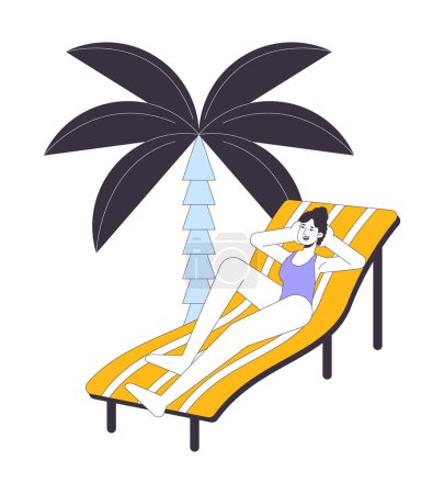 Illustration for Sunbathing on beach flat line vector spot illustration. Caucasian swimsuit woman on lounge chair 2D cartoon outline character on white for web UI design. Editable isolated colorful hero image - Royalty Free Image