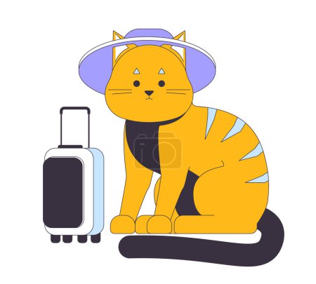 Illustration for Cute cat traveler flat line vector spot illustration. Tabby cat wearing hat with suitcase 2D cartoon outline character on white for web UI design. Funny animal editable isolated colorful hero image - Royalty Free Image
