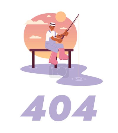 Illustration for Fishing in sunset vector empty state illustration. Editable 404 not found for UX, UI design. Afro american fisherman dock isolated flat cartoon character on white. Error flash message for website, app - Royalty Free Image