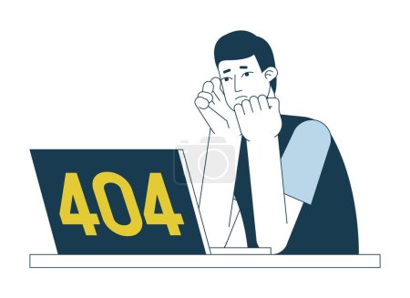 Illustration for Laptop frustration error 404 flash message. Asian young student stressed over device. Empty state ui design. Page not found popup cartoon image. Vector flat illustration concept on white background - Royalty Free Image