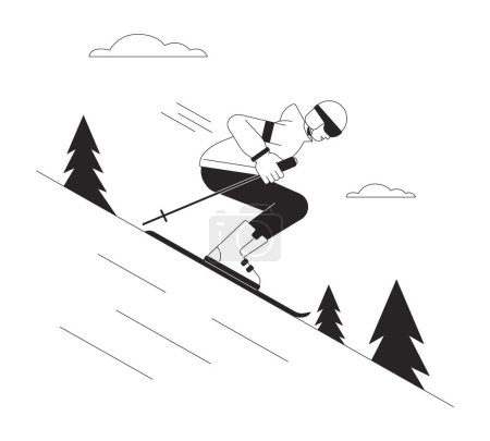 Téléchargez les illustrations : Ski descente bw vecteur spot illustration. Freeskier tenant bâtons de ski 2D dessin animé ligne plate caractère monochrome pour la conception de l'interface utilisateur web. Station de ski modifiable image de héros contour isolé - en licence libre de droit