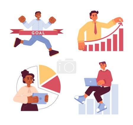 Illustration for Success business person flat concept vector spot illustration set. Young entrepreneurs 2D cartoon characters on white for web UI design. Startup owner isolated editable creative hero image pack - Royalty Free Image
