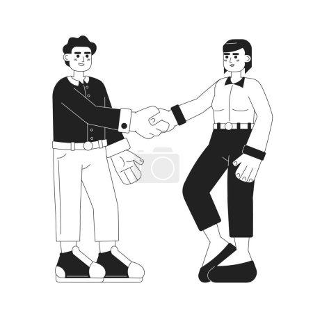 Illustration for Business deal handshake monochromatic flat vector characters. Partnership. Business partners meeting. Editable thin line full body people on white. Simple bw cartoon spot image for web graphic design - Royalty Free Image
