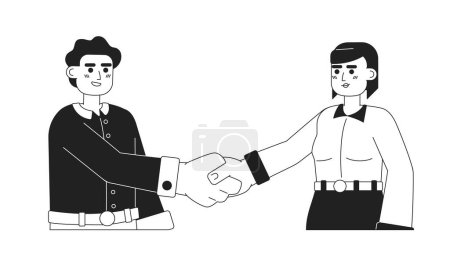 Illustration for Closing business deal monochromatic flat vector characters. Woman and man business partners shaking hands. Editable thin line half body people on white. Simple bw cartoon spot image for graphic design - Royalty Free Image