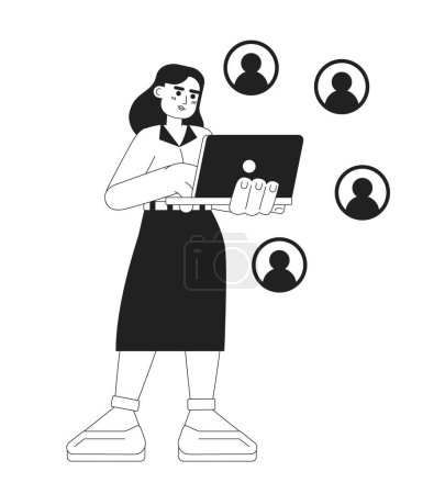 Illustration for Connect with e-business clients monochrome concept vector spot illustration. Businesswoman 2D flat bw cartoon character for web UI design. Business connection isolated editable hand drawn hero image - Royalty Free Image
