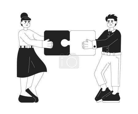 Illustration for Networking businesspeople monochrome concept vector spot illustration. Colleagues putting puzzle together 2D flat bw cartoon characters for web UI design. Isolated editable hand drawn hero image - Royalty Free Image