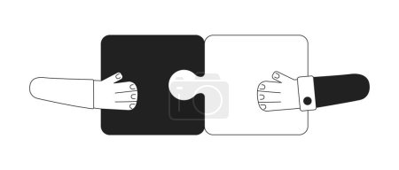 Illustration for Hands putting puzzle together monochrome concept vector spot illustration. Business matching 2D flat bw cartoon hands for web UI design. Teamwork concept isolated editable hand drawn hero image - Royalty Free Image
