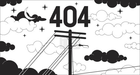Illustration for Utility pole on dreamy night sky black white error 404 flash message. Empty state ui design, lofi background. Page not found cartoon image. Vector flat outline illustration concept, line art - Royalty Free Image