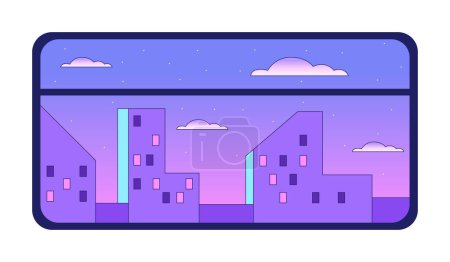 Illustration for Train window with sunset cityscape view flat vector cartoon icon. Twilight skyscrapers. Editorial, magazine spot illustration. Colorful object isolated on white. Editable 2D drawing, graphic design - Royalty Free Image