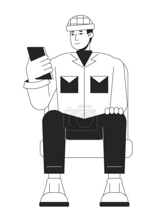Illustration for Asian young man checking phone line art vector cartoon character. Editorial, magazine spot illustration black and white. Full body outline person isolated on white. Editable 2D simple drawing - Royalty Free Image