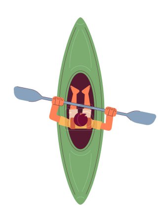 Ilustración de Hombre joven con paleta sentado en canoa vista superior semi plana colorido vector carácter. Kayak deportes acuáticos. Persona de cuerpo completo editable en blanco. Ilustración simple de dibujos animados para el diseño gráfico web - Imagen libre de derechos