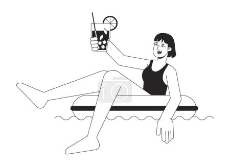 Illustration for Swimsuit woman in inflatable ring bw vector spot illustration. Holiday girl 2D cartoon flat line monochromatic character for web UI design. Swimming pool fun editable isolated outline hero image - Royalty Free Image
