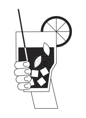 Illustration for Summer refreshment bw vector spot illustration. Holding straw cocktail glass with ice 2D cartoon flat line monochromatic first view hand for web UI design. Editable isolated outline hero image - Royalty Free Image