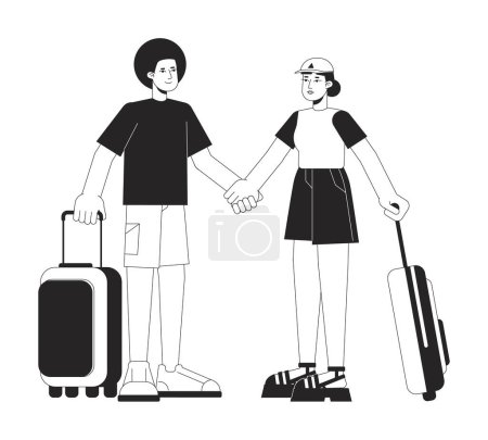Illustration for Ethnic couple traveling bw vector spot illustration. Travelers with suitcase 2D cartoon flat line monochromatic characters for web UI design. Vacation destination editable isolated outline hero image - Royalty Free Image