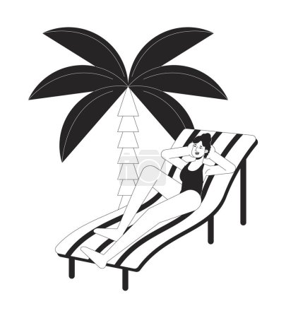 Illustration for Sunbathing on beach bw vector spot illustration. Caucasian swimsuit woman on lounge chair 2D cartoon flat line monochromatic character for web UI design. Editable isolated outline hero image - Royalty Free Image