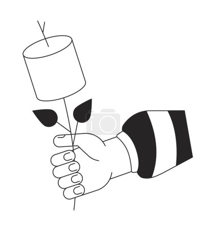 Illustration for Holding toasted marshmallow stick bw vector spot illustration. Roasted chewy snack on skewer 2D cartoon flat line monochromatic first view hand for web UI design. Editable isolated outline hero image - Royalty Free Image