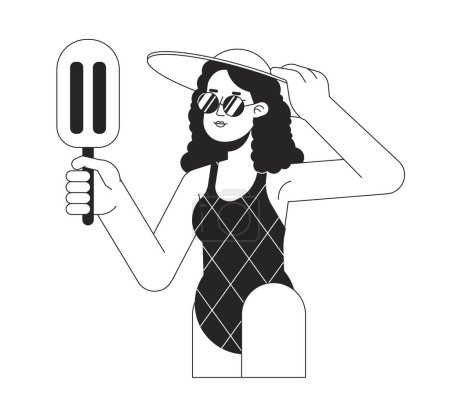 Illustration for Ice cream in summer bw vector spot illustration. Sunglasses young woman enjoying summer break 2D cartoon flat line monochromatic character for web UI design. Editable isolated outline hero image - Royalty Free Image
