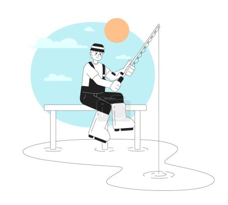 Illustration for Fishing in morning monochrome vector spot illustration. Fisherman with spinning 2D flat bw cartoon character for web UI design. Summertime recreational activity isolated editable hand drawn hero image - Royalty Free Image
