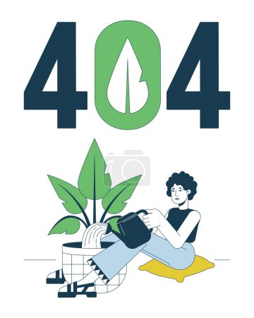 Illustration for Gardening houseplant error 404 flash message. Environmental friendly. Watering plant. Empty state ui design. Page not found popup cartoon image. Vector flat illustration concept on white background - Royalty Free Image
