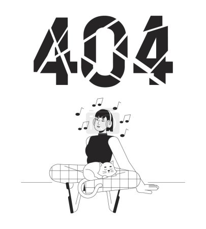 Illustration for Music listening black white error 404 flash message. Asian headphones girl with cat. Monochrome empty state ui design. Page not found popup cartoon image. Vector flat outline illustration concept - Royalty Free Image
